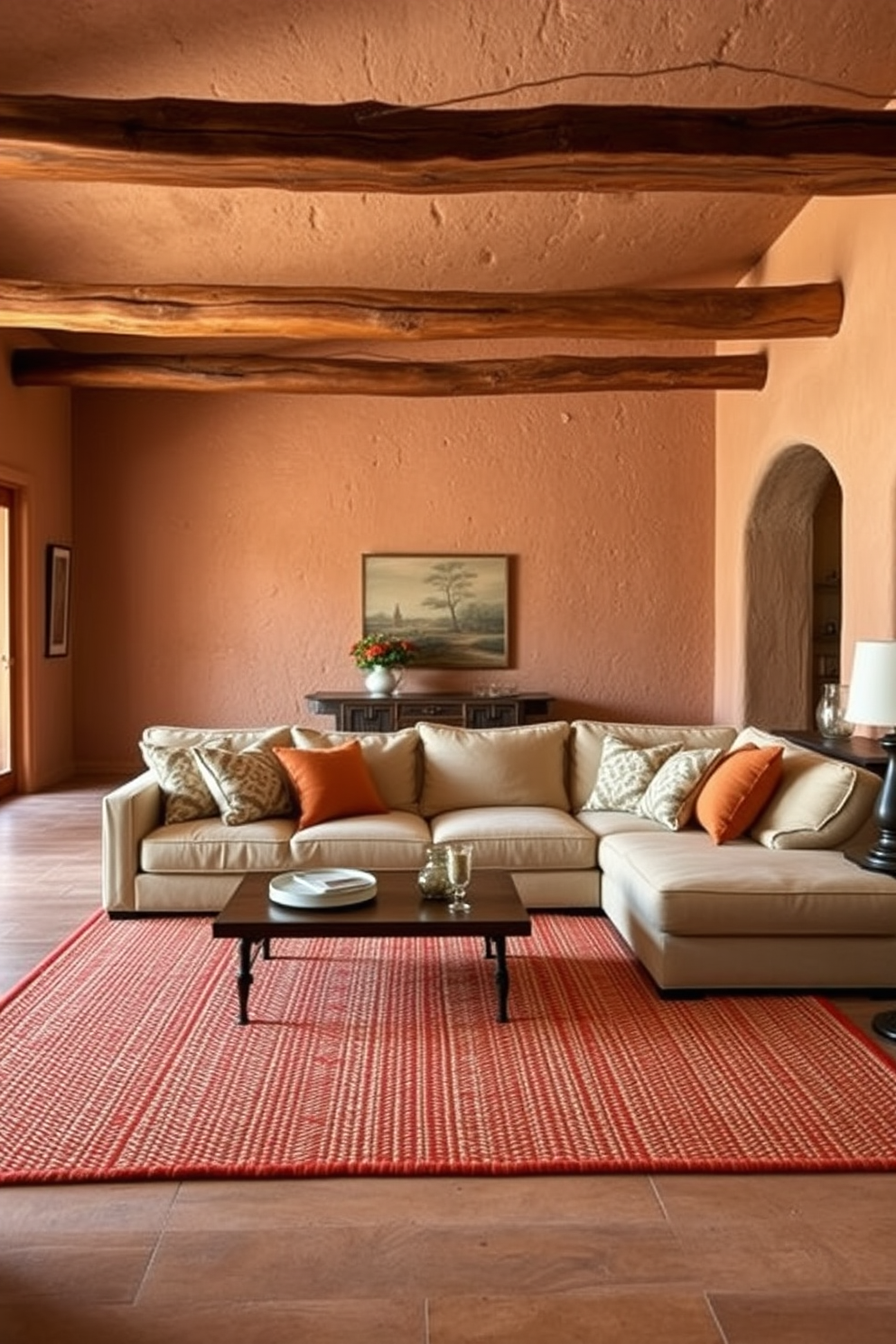 A cozy family room featuring an earthy color palette with terracotta tones. The walls are adorned with textured plaster, and a large, comfortable sectional sofa in warm beige is positioned in the center of the space. Rustic wooden beams span the ceiling, adding warmth and character to the room. A large, woven area rug in rich terracotta hues anchors the seating area, complemented by patterned throw pillows in earthy shades.