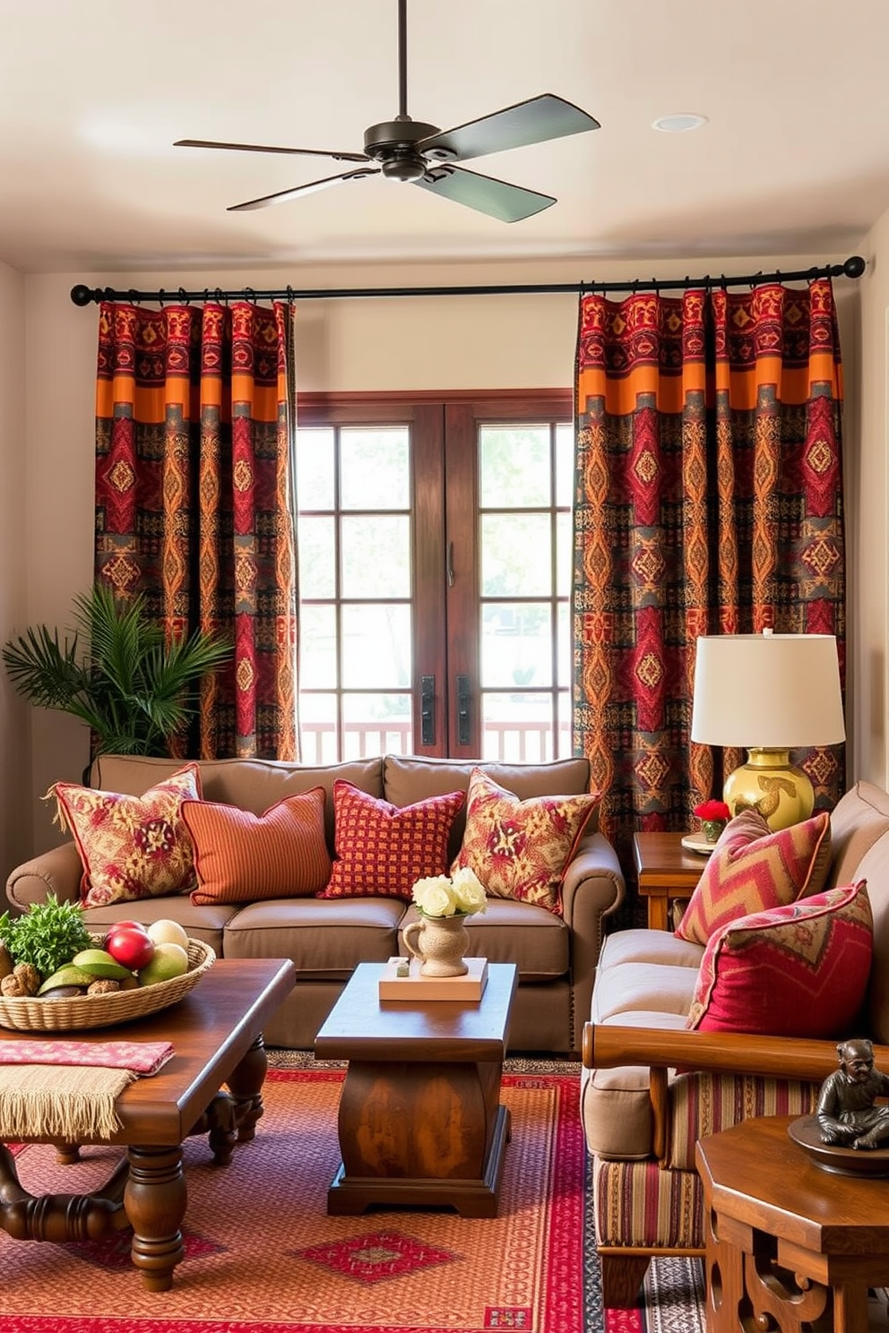 A cozy family room adorned with southwestern-inspired curtains that add a touch of softness to the space. The curtains feature vibrant patterns and earthy tones, complementing the warm wooden furniture and rustic decor elements.