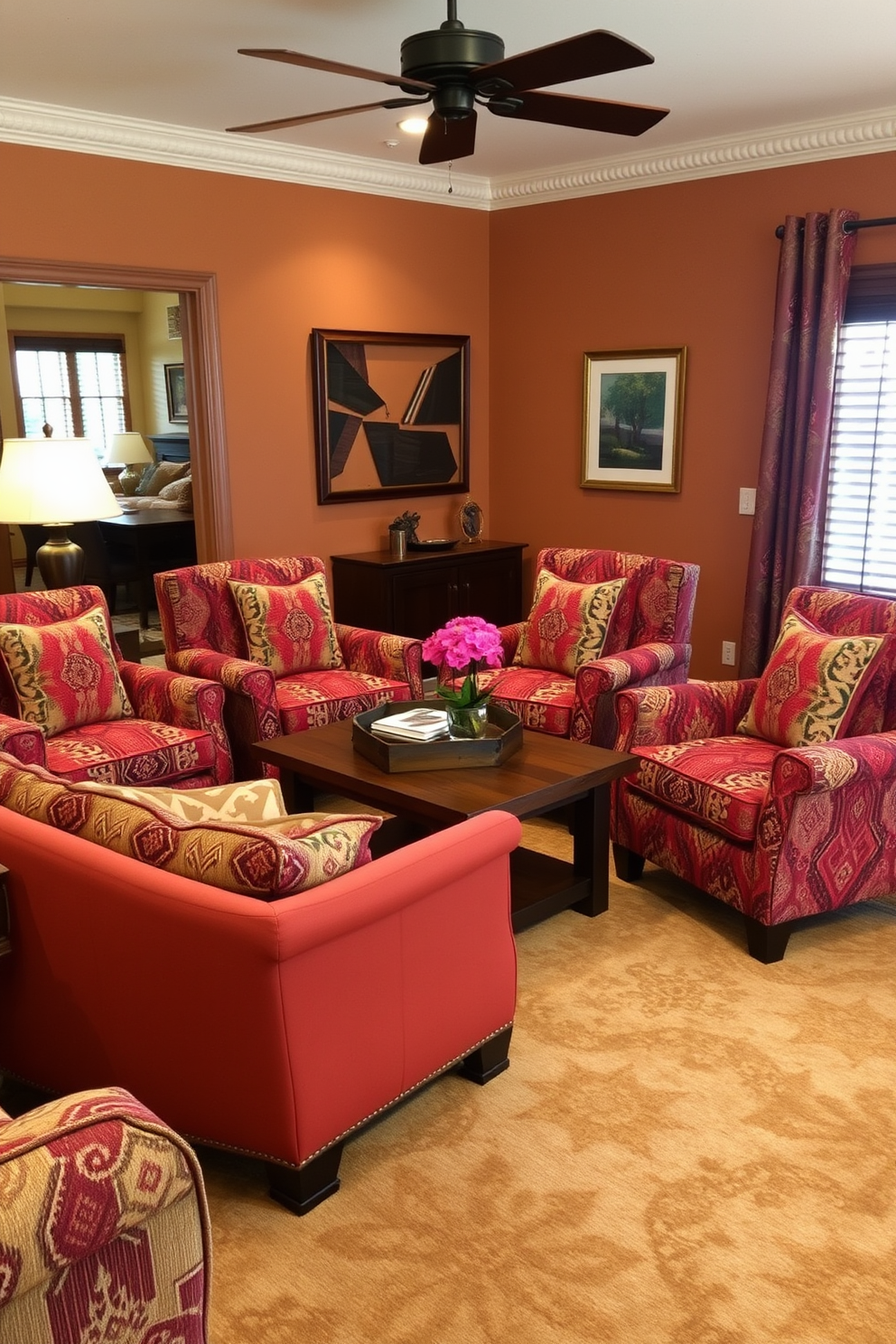 A cozy family room featuring accent chairs adorned with vibrant tribal prints. The chairs are positioned around a rustic wooden coffee table, creating an inviting space for gatherings. The walls are painted in warm earth tones, complementing the rich textures of the furniture. A large area rug with geometric patterns anchors the seating arrangement, adding warmth and style to the room.