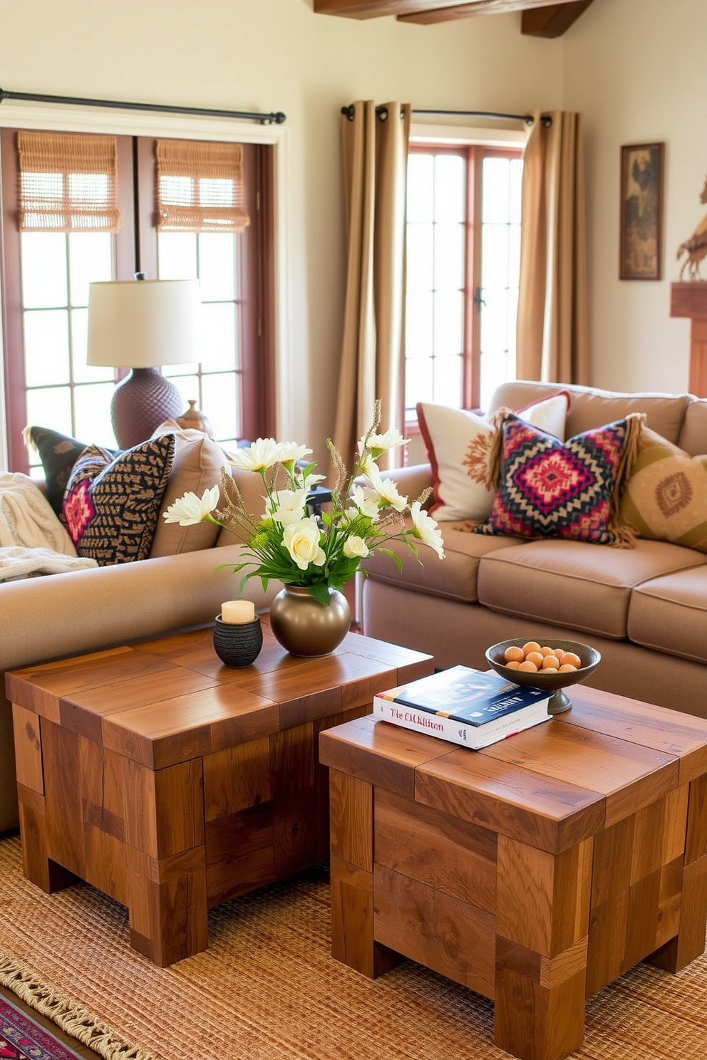 A cozy Southwestern family room features rustic side tables crafted from reclaimed wood with natural finishes. The room is adorned with warm earth tones, woven textiles, and vibrant accent pillows, creating an inviting atmosphere.