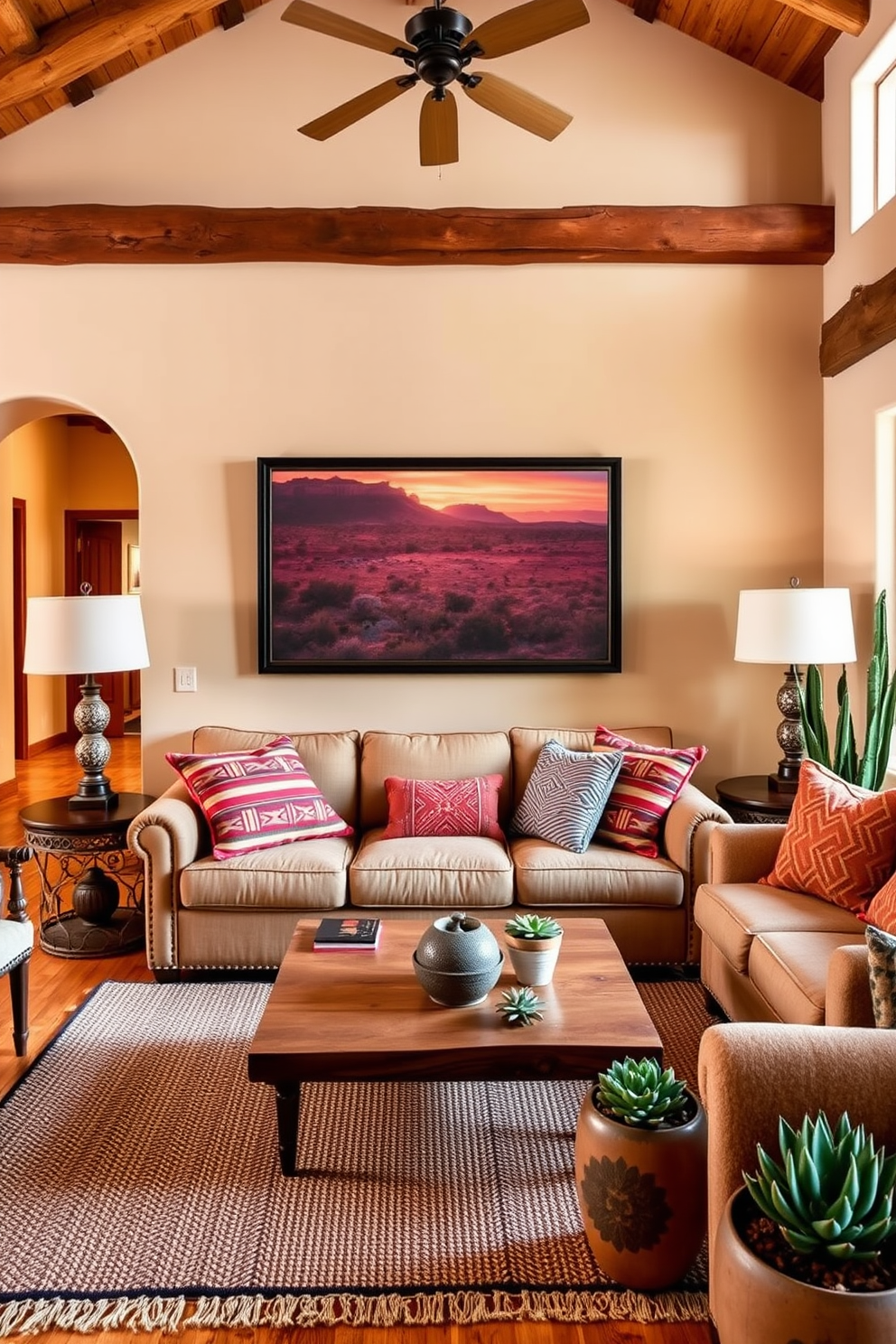 A cozy Southwestern family room features warm earthy tones and rustic wooden beams overhead. A large framed landscape photograph of a desert sunset hangs above a plush, inviting sofa adorned with colorful throw pillows. The room is anchored by a large woven area rug that complements the wood flooring. In one corner, a handcrafted coffee table sits surrounded by comfortable seating, while potted succulents add a touch of greenery to the space.