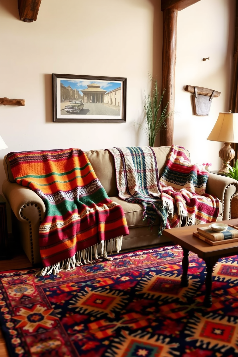 A cozy Southwestern family room featuring colorful woven blankets draped over a large, comfortable sofa. The walls are adorned with rustic wooden accents, and the floor is covered with a vibrant area rug that complements the blankets.