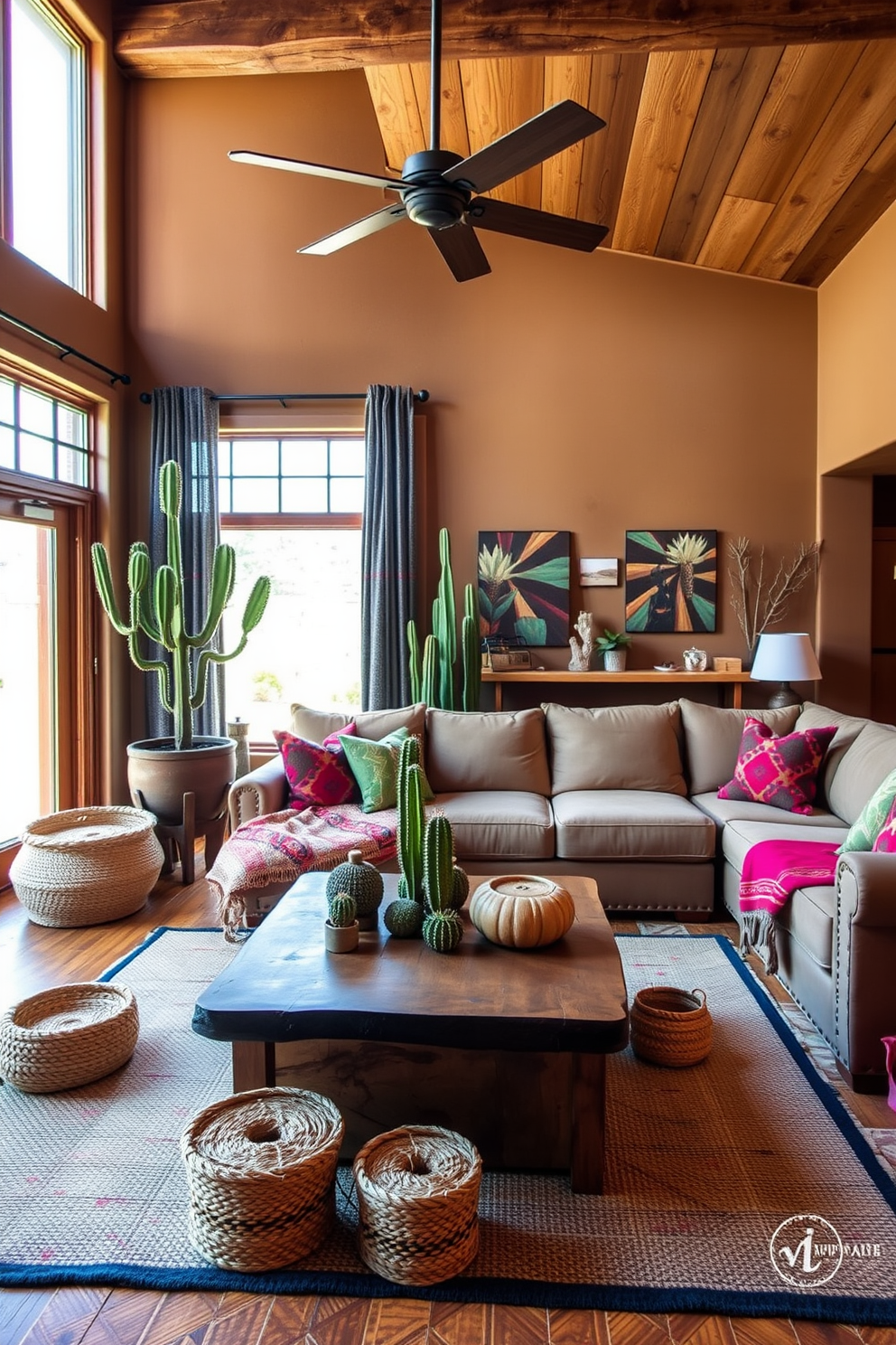 A cozy family room featuring reclaimed wood accents that enhance sustainability. The walls are adorned with earthy tones, and a large sectional sofa is complemented by vibrant Southwestern textiles. A rustic coffee table made from reclaimed wood sits at the center, surrounded by woven baskets for storage. Natural light floods the space through large windows, highlighting a collection of cacti and desert-inspired decor.