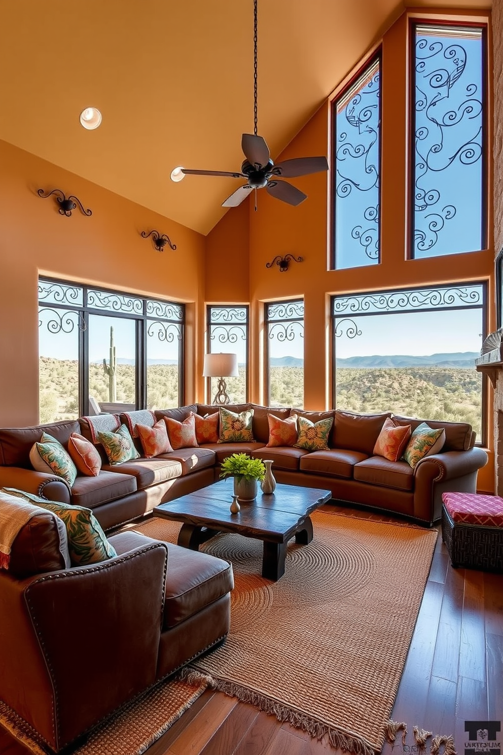 A cozy Southwestern family room featuring decorative ironwork accents throughout the space. The walls are painted in warm earth tones, complemented by a large, inviting sectional sofa adorned with colorful throw pillows. A rustic wooden coffee table sits in the center, surrounded by woven area rugs that add texture. Large windows allow natural light to flood the room, showcasing a stunning view of the desert landscape outside.