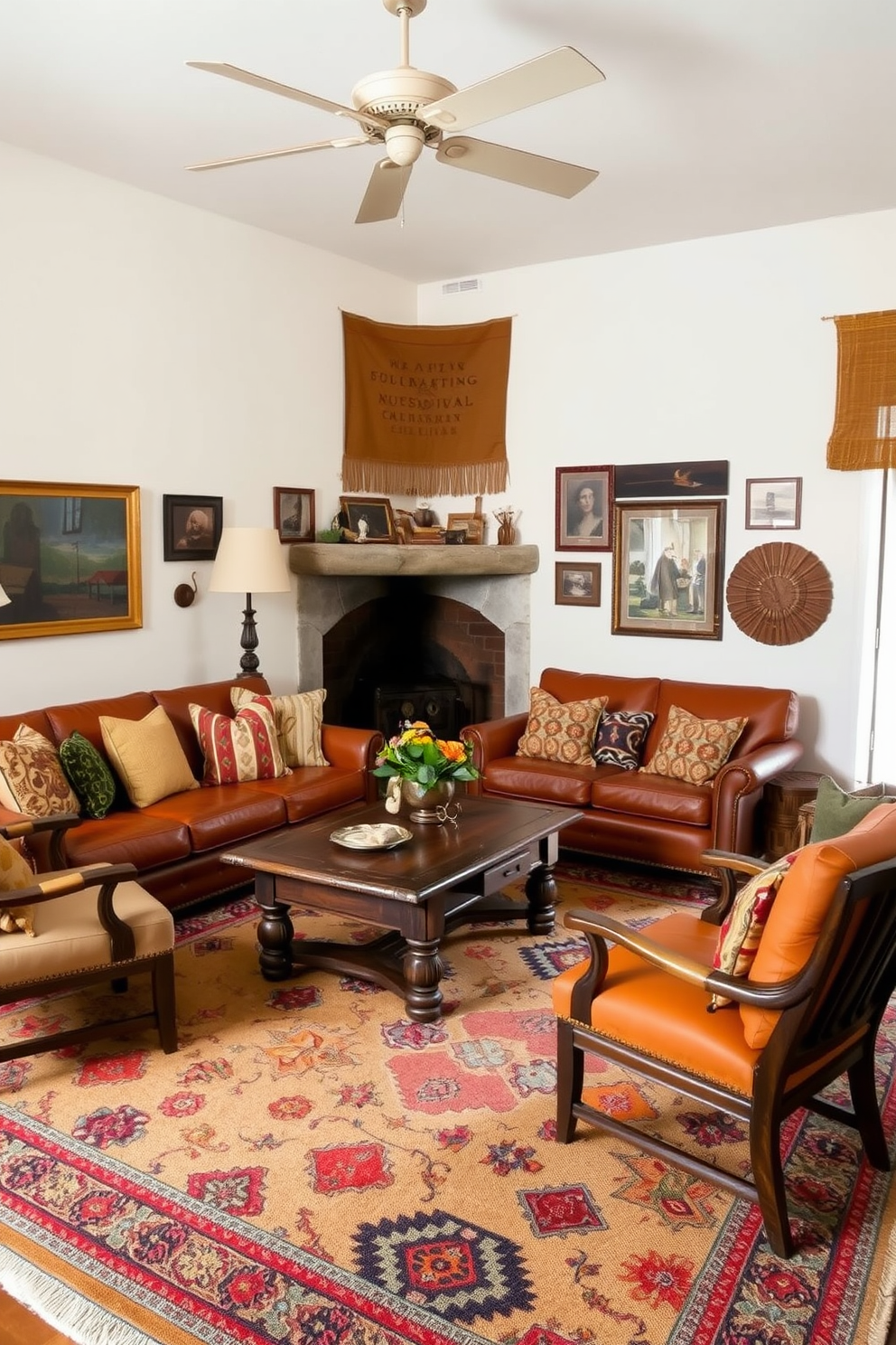 A cozy Southwestern family room filled with vintage finds. The space features a large, patterned area rug that anchors the seating area, complemented by a mix of colorful throw pillows on a distressed leather sofa. An antique wooden coffee table sits at the center, surrounded by mismatched chairs that add character. The walls are adorned with framed vintage artwork and woven textiles, creating a warm and inviting atmosphere.