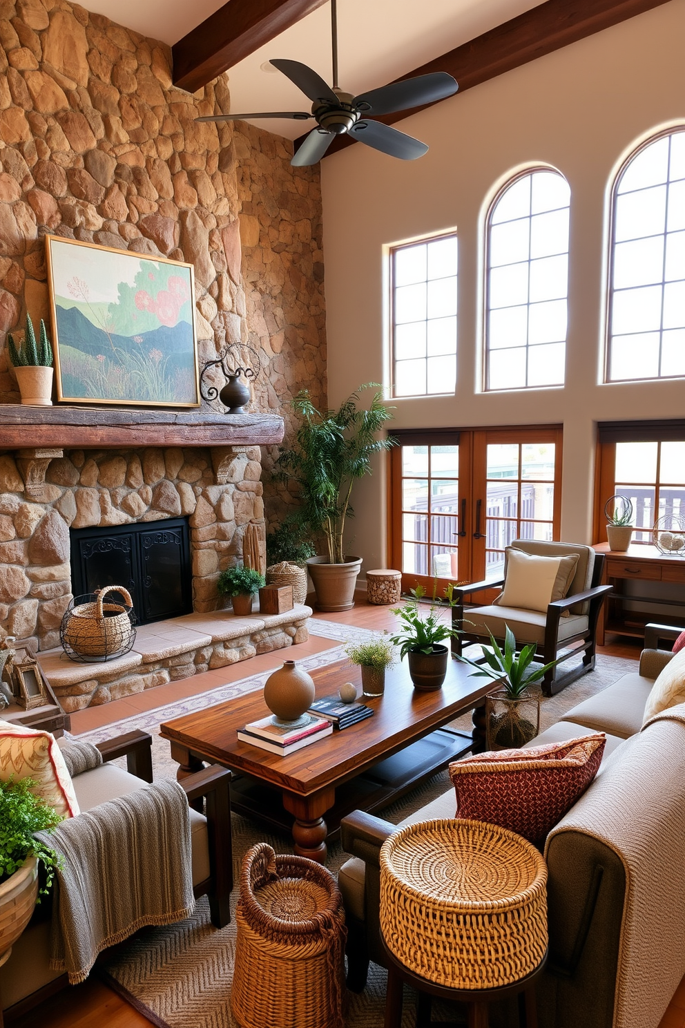 A cozy Southwestern family room featuring natural stone accents on the fireplace and walls. The space is adorned with earth-toned textiles and wooden furniture that reflect the warmth of the region. Large windows allow natural light to fill the room, highlighting the rustic decor and vibrant artwork. Potted plants and woven baskets add a touch of greenery and texture to the inviting atmosphere.