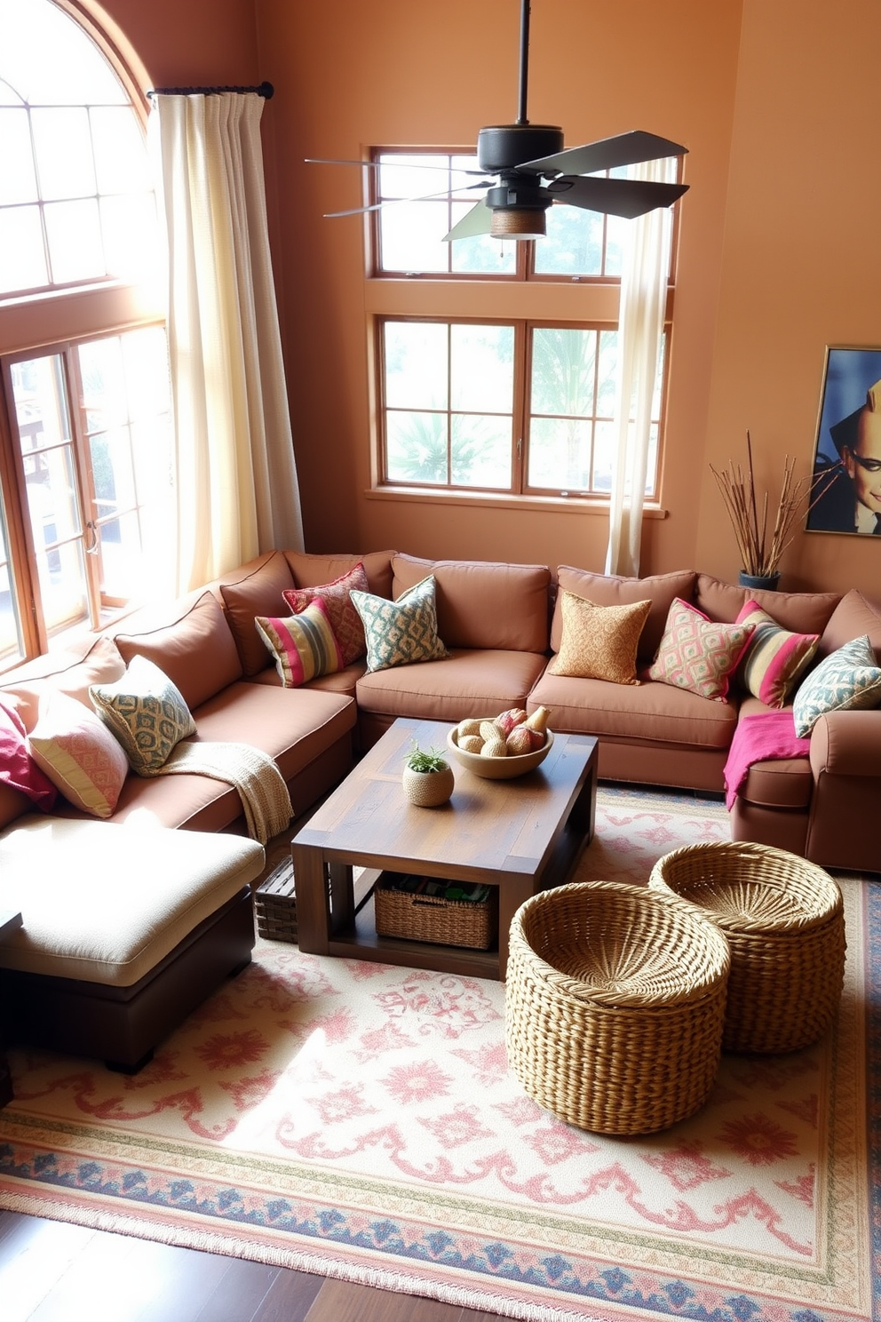 A cozy Southwestern family room featuring a large, plush sectional sofa adorned with colorful throw pillows. The walls are painted in warm earth tones, and a rustic wooden coffee table sits in the center, surrounded by woven baskets for storage. A large area rug with geometric patterns anchors the seating area, adding texture and warmth. Natural light floods the space through large windows draped with lightweight, airy curtains.