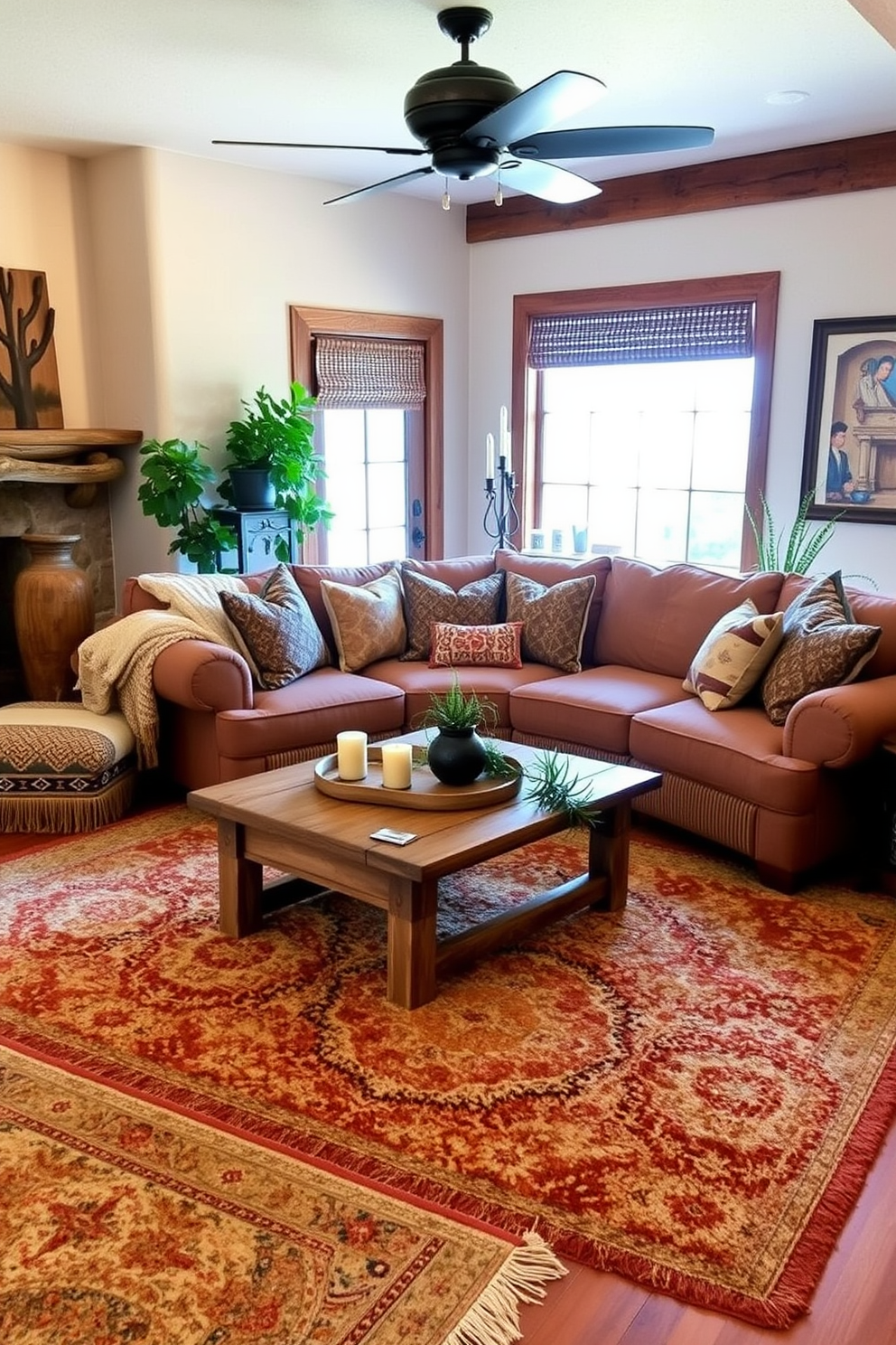 A warm and inviting Southwestern family room features layered textiles that enhance comfort and style. Plush rugs in earthy tones cover the hardwood floor, while a mix of patterned throw pillows adorn a large, comfortable sectional sofa. A woven blanket drapes over the armrest, adding texture and warmth to the space. The walls are adorned with rustic artwork, and a wooden coffee table sits at the center, surrounded by natural elements like potted plants and candles.