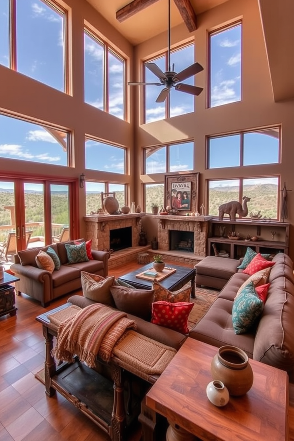 A cozy family room with large windows that provide stunning outdoor views of the desert landscape. The space features warm earth tones with a mix of rustic wooden furniture and soft textiles for comfort. A large sectional sofa is adorned with colorful throw pillows, complementing the vibrant Southwestern decor. A stone fireplace serves as a focal point, surrounded by handcrafted art and decorative pottery.