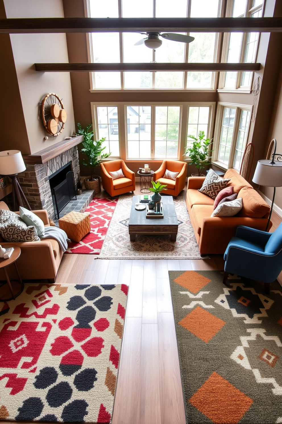 A cozy family room featuring bold geometric patterns on rugs that add a vibrant touch to the space. The walls are adorned with earthy tones, and large windows allow natural light to flood the room, highlighting the unique design elements. Comfortable seating arrangements include a mix of plush sofas and accent chairs in warm colors. Decorative throw pillows and a rustic coffee table complete the inviting atmosphere, creating a perfect gathering spot for family and friends.