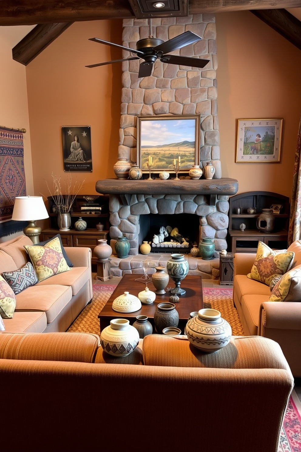 A cozy family room featuring handcrafted pottery as decorative accents. The room is adorned with warm earth tones, complemented by a large, inviting sofa and a wooden coffee table. On the walls, there are vibrant textiles and artwork reflecting Southwestern culture. A rustic fireplace serves as the focal point, surrounded by comfortable seating and strategically placed pottery pieces.