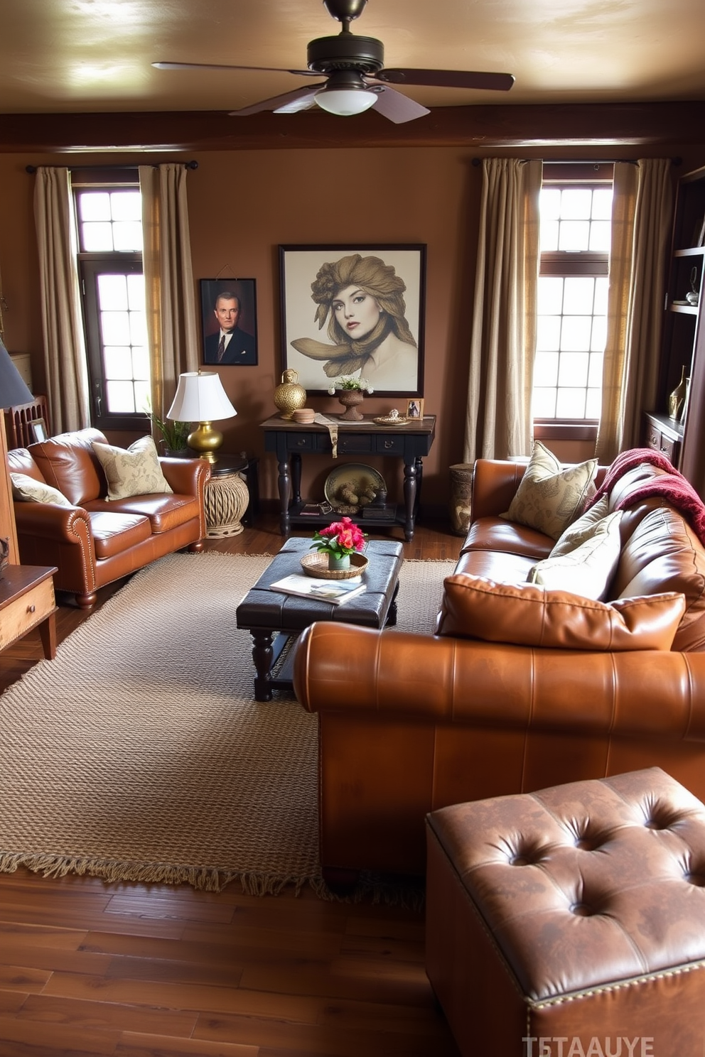 A cozy Southwestern family room featuring vintage leather sofas that exude rustic charm. The room is adorned with warm earth tones, and a large woven rug anchors the seating area.