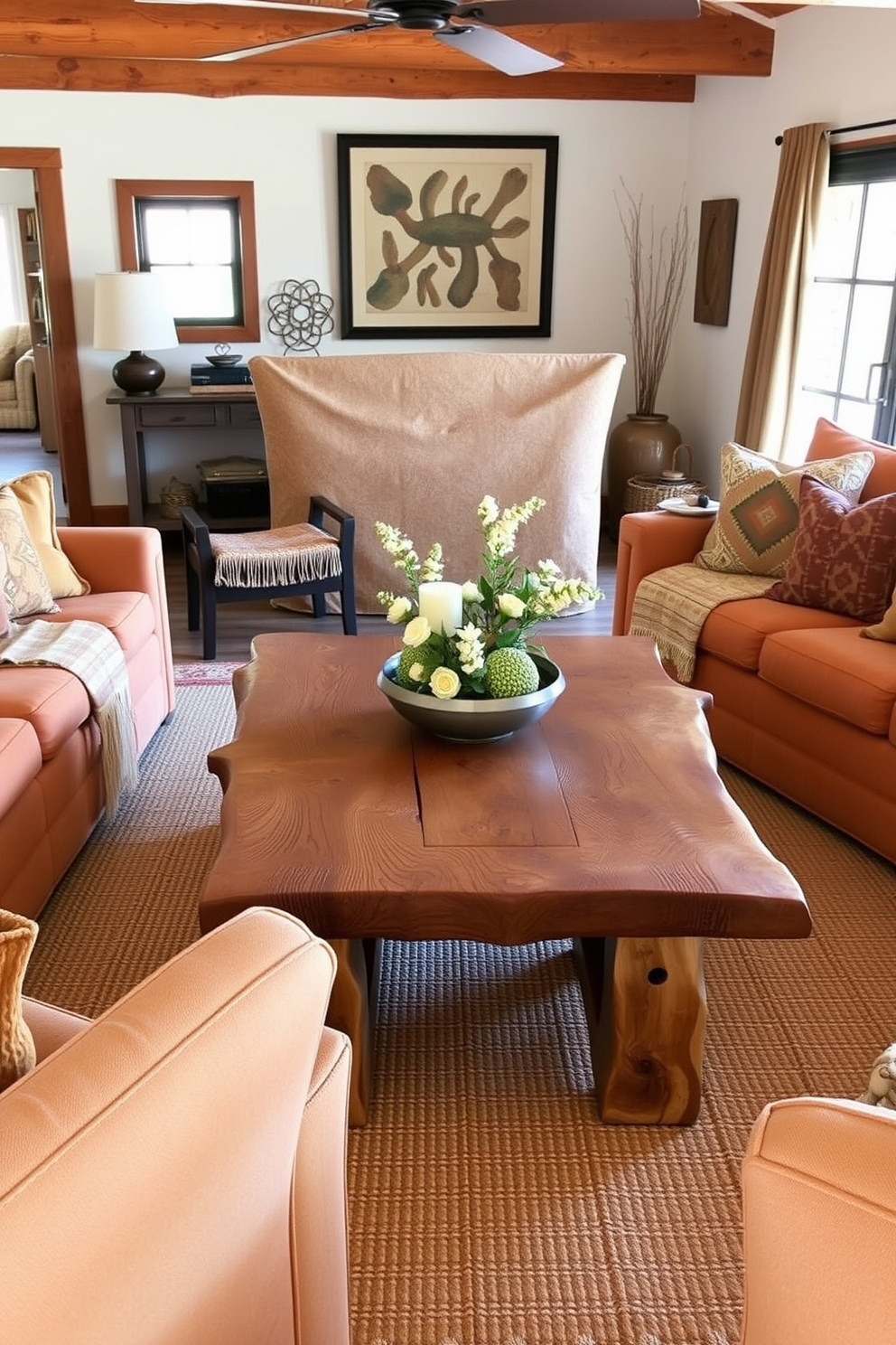 A cozy Southwestern family room features a natural wood coffee table as the centerpiece, showcasing its rich grain and texture. Surrounding the table, comfortable seating in warm earth tones creates an inviting atmosphere, complemented by patterned throw pillows and woven blankets.