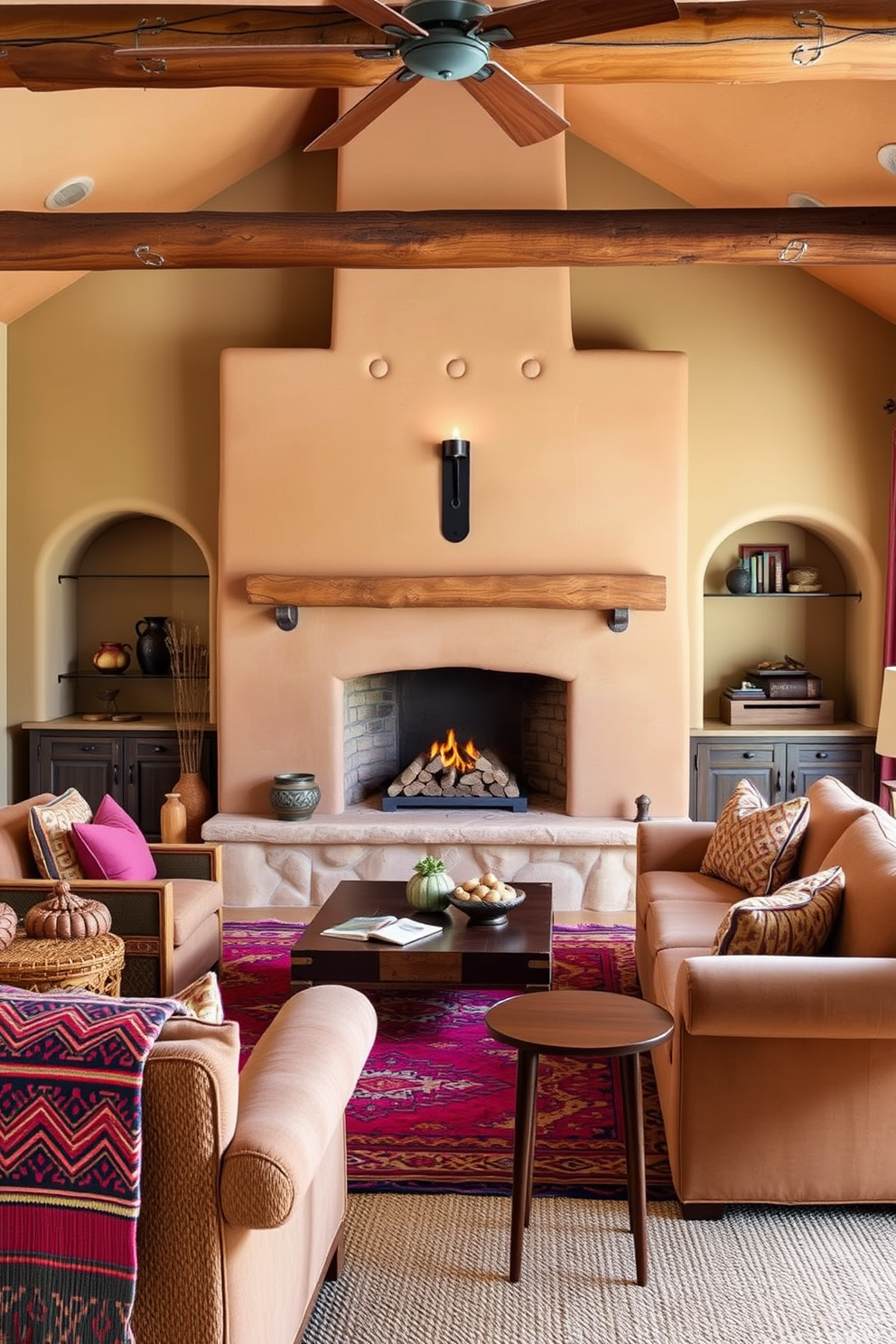 A stunning Southwestern family room features an Adobe-style fireplace as the focal point, with warm earth tones dominating the space. The room is adorned with plush, textured seating and vibrant woven textiles that reflect the rich cultural heritage of the Southwest.