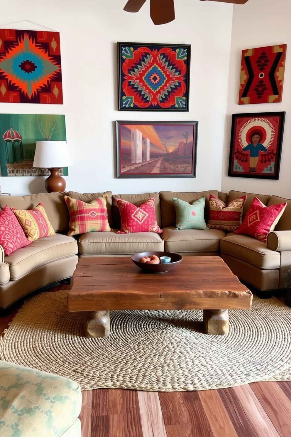 A cozy family room featuring Southwestern art pieces on the walls. The space includes a large, comfortable sofa adorned with colorful throw pillows and a rustic wooden coffee table at the center. The walls are decorated with vibrant Southwestern art, showcasing bold patterns and earthy tones. A woven rug lies beneath the coffee table, adding warmth and texture to the room.