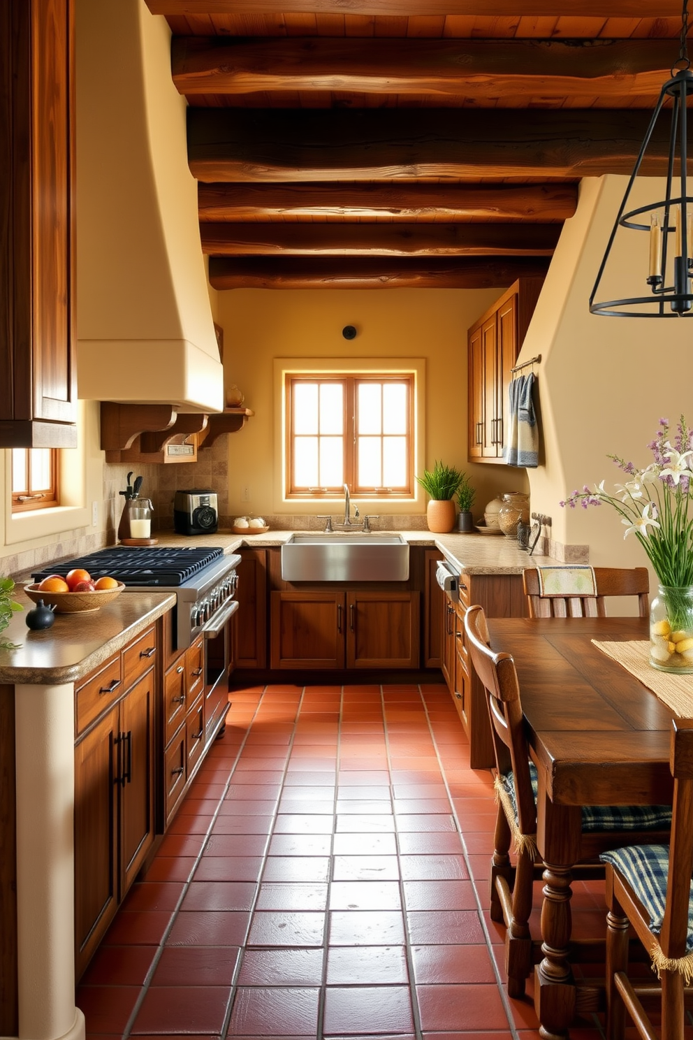 A Southwestern kitchen featuring warm earth tones for cabinetry creates a cozy and inviting atmosphere. The cabinets are crafted from rich, dark wood with a distressed finish, complemented by terracotta tiles on the floor and a rustic wooden dining table.