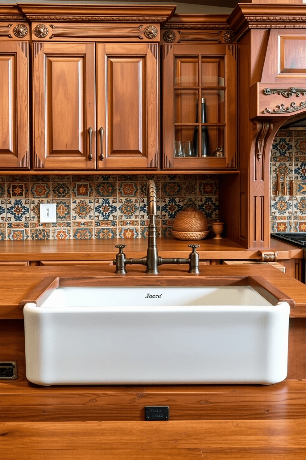 A rustic farmhouse sink made of deep porcelain sits prominently in the center of a wooden countertop. Bronze fixtures add a touch of warmth, complementing the earthy tones of the surrounding Southwestern kitchen design. The cabinetry features distressed wood with intricate carvings, exuding a charming vintage feel. Colorful ceramic tiles in vibrant patterns adorn the backsplash, enhancing the overall Southwestern aesthetic.