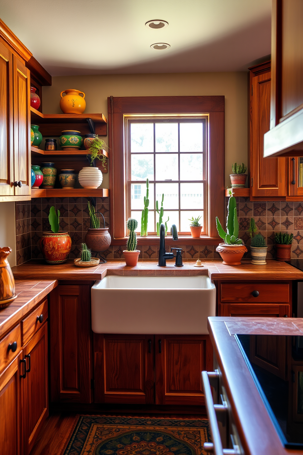 A warm and inviting Southwestern kitchen features rustic wooden cabinets with a rich finish and open shelving displaying colorful pottery. Cactus and succulent plants are strategically placed on the countertops and windowsills, adding a touch of greenery and enhancing the vibrant atmosphere of the space. The backsplash showcases intricate tile work in earthy tones, complementing the natural wood elements. A large farmhouse sink sits beneath a window, allowing natural light to flood the kitchen while highlighting the beautiful plants.