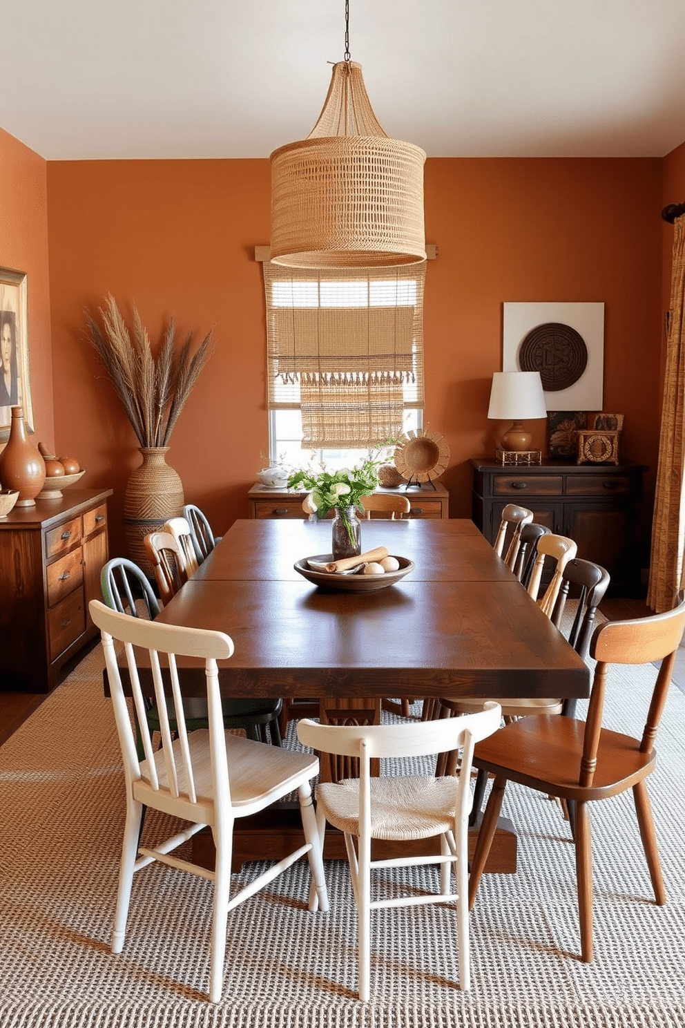 A wooden dining table is the centerpiece of the room, surrounded by mismatched chairs that add a touch of eclectic charm. The walls are adorned with warm, earthy tones, and decorative elements reflect Southwestern influences, such as woven textiles and terracotta accents.