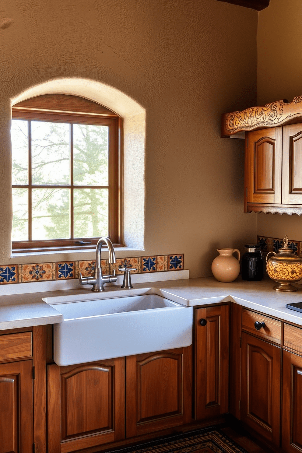 Textured wall finishes create a warm and inviting atmosphere in a Southwestern kitchen. The walls feature a combination of adobe plaster and rustic wood paneling, enhancing the overall earthy aesthetic. The kitchen includes handcrafted wooden cabinets with intricate carvings and vibrant tile accents. A large farmhouse sink sits beneath a window, allowing natural light to illuminate the space and highlight the rich textures.