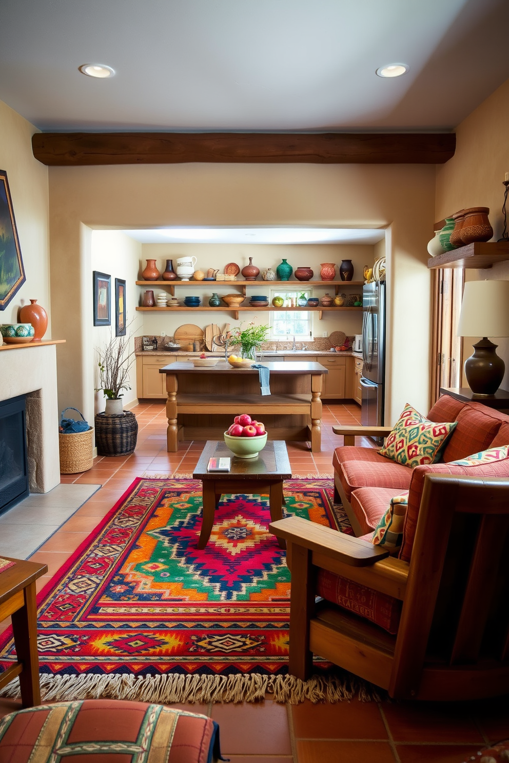 A cozy Southwestern-inspired area rug lies in the center of the room, featuring vibrant colors and geometric patterns that evoke a sense of warmth and comfort. The rug complements the rustic wooden furniture and adds a touch of cultural richness to the space. The kitchen showcases a Southwestern design with adobe-style walls and terracotta tiles that create an inviting atmosphere. Open shelving displays handcrafted pottery and colorful textiles, enhancing the overall aesthetic while providing functional storage.