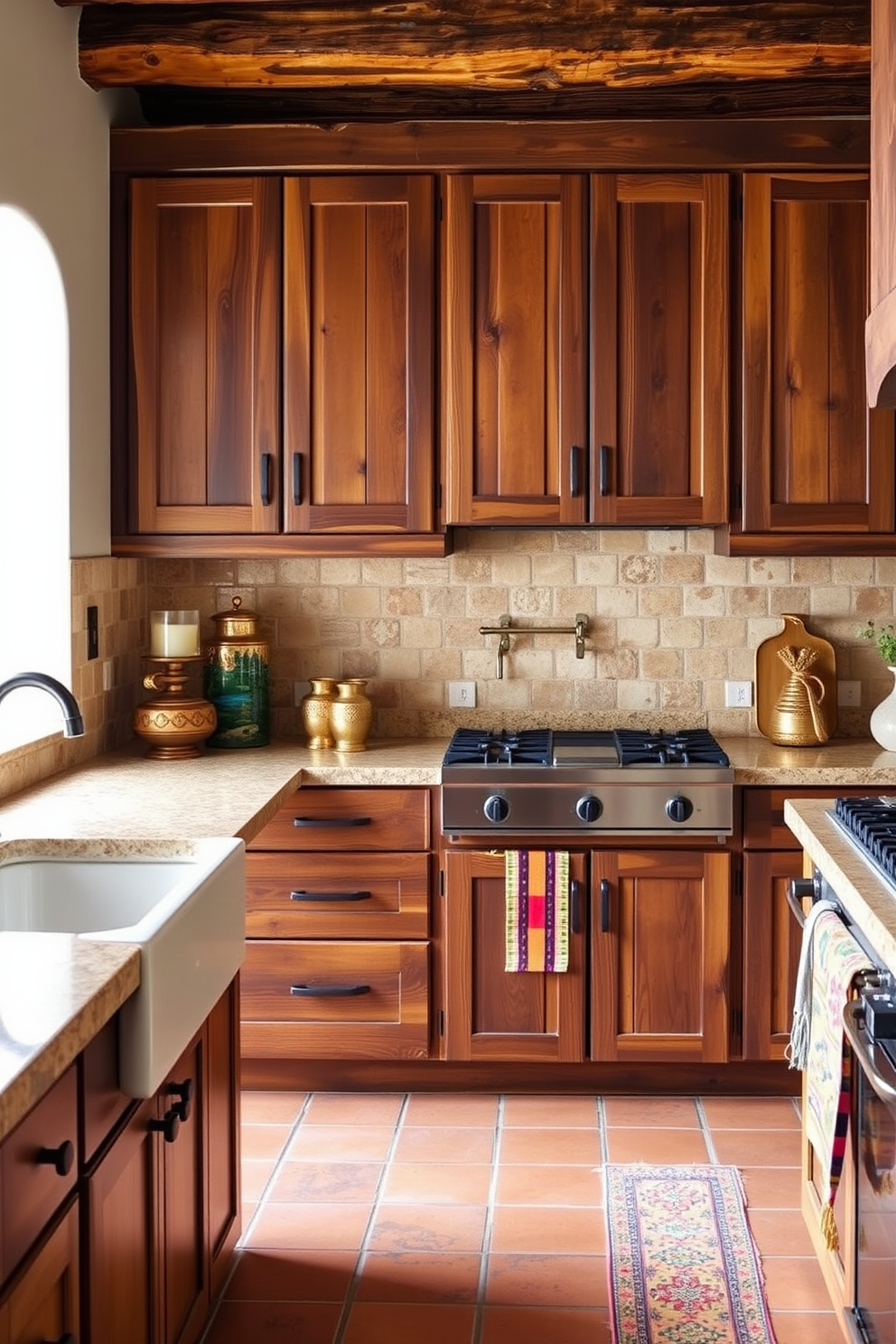 Reclaimed wood cabinets create a warm and inviting atmosphere in a Southwestern kitchen. The design features earthy tones and rustic accents, complemented by terracotta tiles and vibrant textiles.