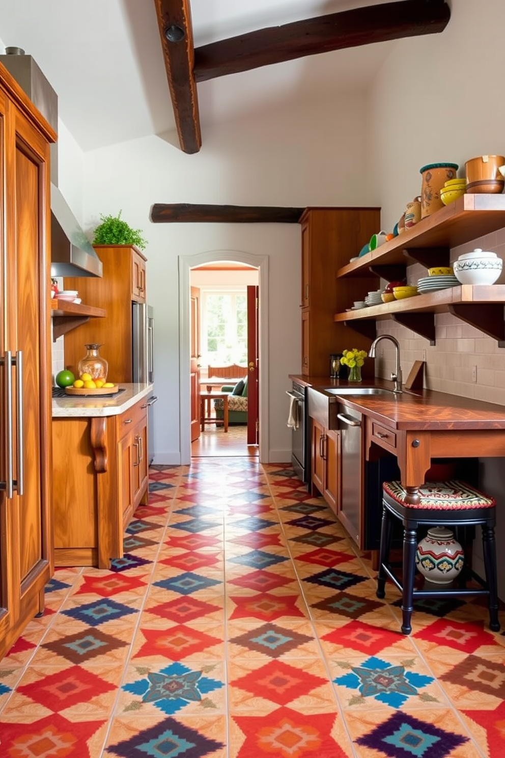 A Southwestern kitchen featuring bold geometric patterns in the tile flooring creates a vibrant and inviting atmosphere. The space is complemented by rustic wooden cabinets and open shelving displaying colorful dishware.