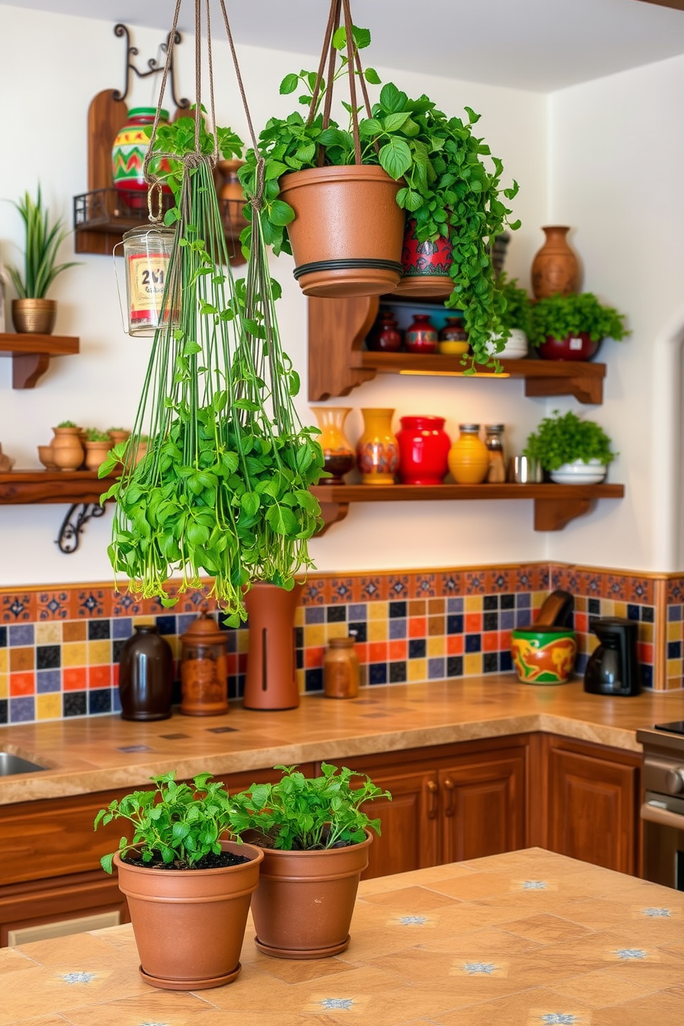 A warm and inviting Southwestern kitchen featuring hanging herbs in decorative pots. The walls are adorned with rustic wooden shelves displaying colorful pottery and traditional spices. The countertops are made of natural stone, complementing the earthy tones of the cabinetry. Brightly colored tile backsplashes add a vibrant touch, enhancing the overall charm of the space.