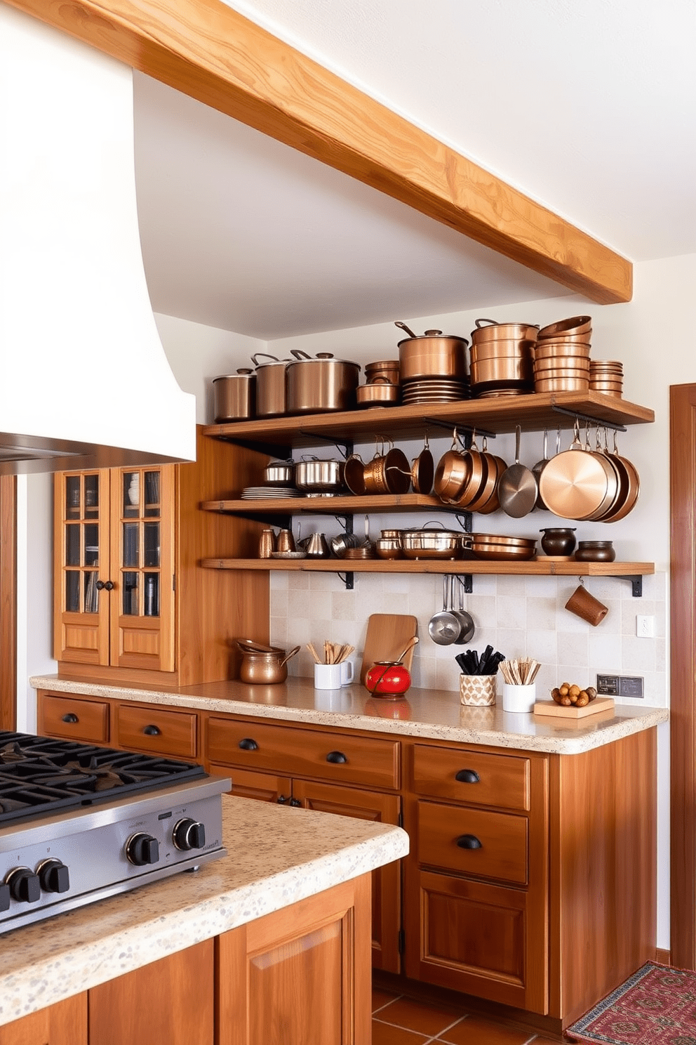 A Southwestern kitchen with open racks showcasing an array of copper cookware. The warm wood cabinetry complements the terracotta tiles, creating a cozy and inviting atmosphere.