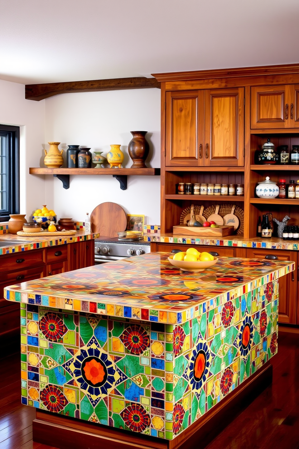 A vibrant kitchen island featuring colorful mosaic tiles in a Southwestern style. The island is surrounded by rustic wooden cabinetry and open shelving displaying handcrafted pottery and spices.