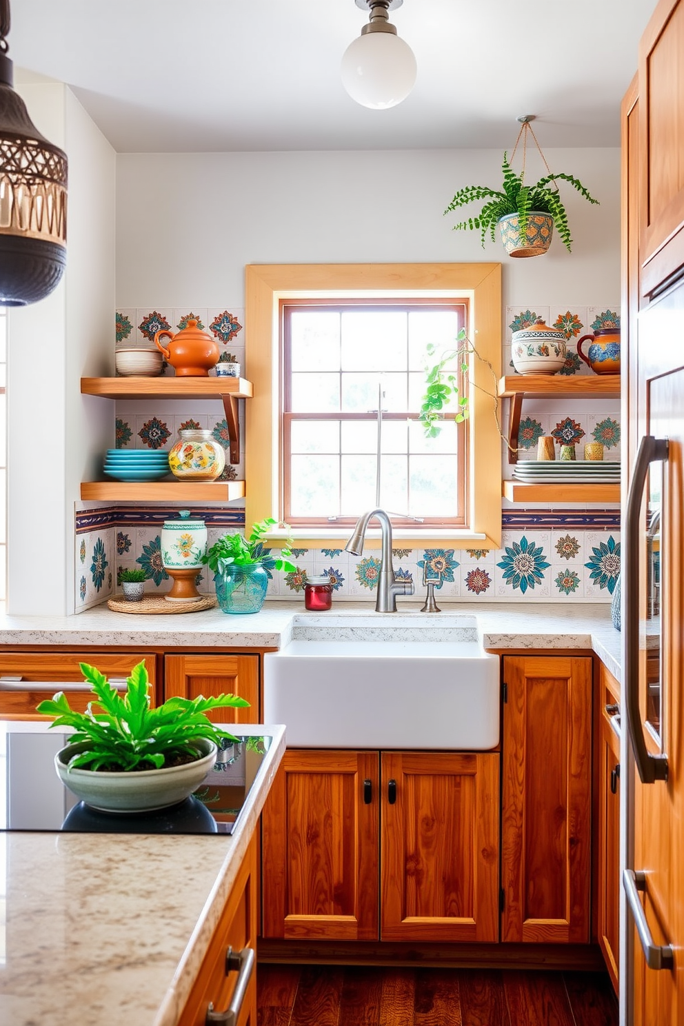 A Southwestern kitchen featuring hand-painted tiles as backsplash accents. The cabinetry is a warm wood tone, complementing the vibrant colors of the tiles. A large farmhouse sink is positioned beneath a window, allowing natural light to illuminate the space. Rustic open shelving displays colorful dishware and plants, enhancing the inviting atmosphere.