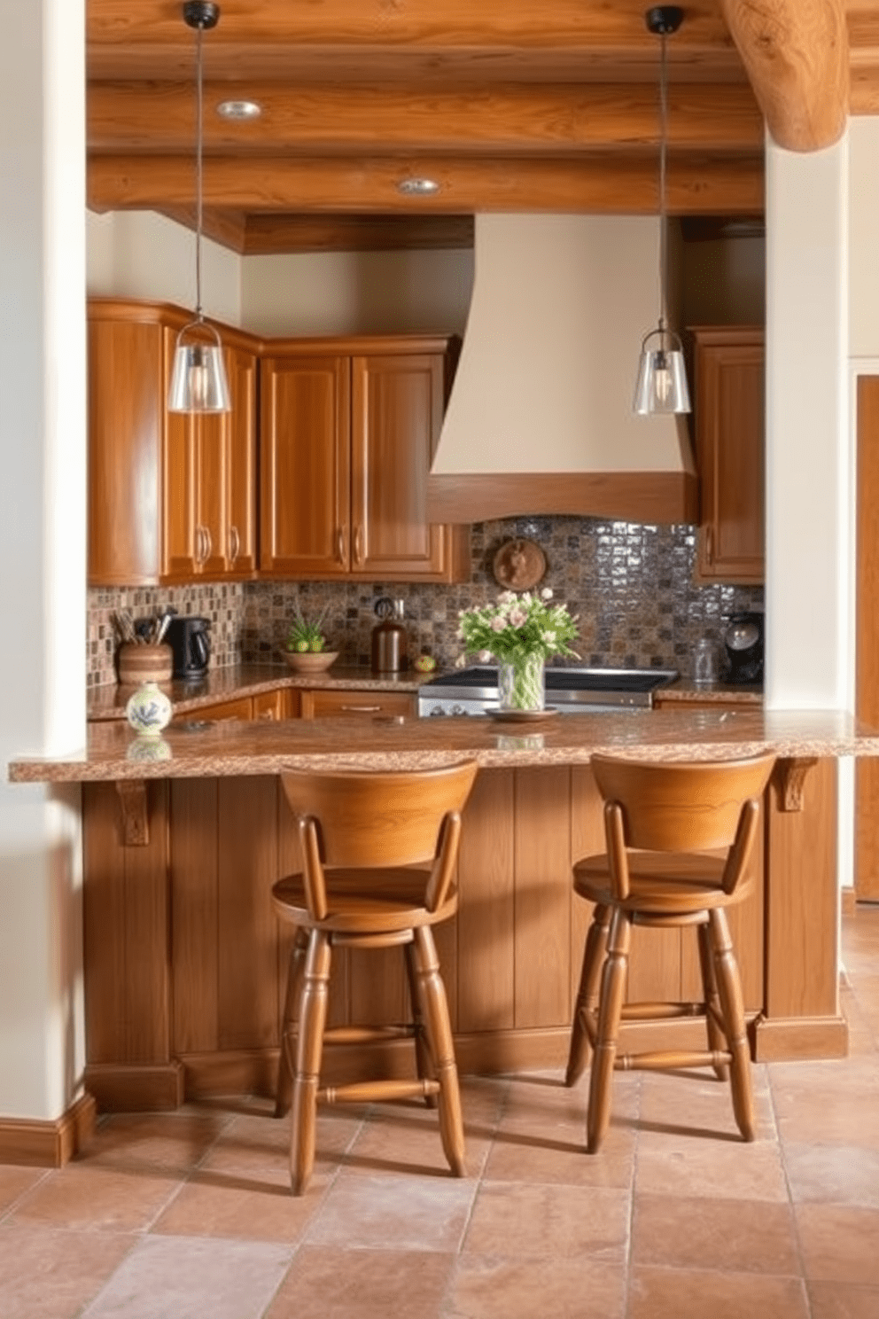 A warm and inviting Southwestern kitchen features rustic wooden stools at the breakfast bar, perfectly complementing the natural wood cabinetry. The bar is adorned with vibrant ceramic tiles that reflect the rich colors of the desert landscape, creating a cozy and welcoming atmosphere.