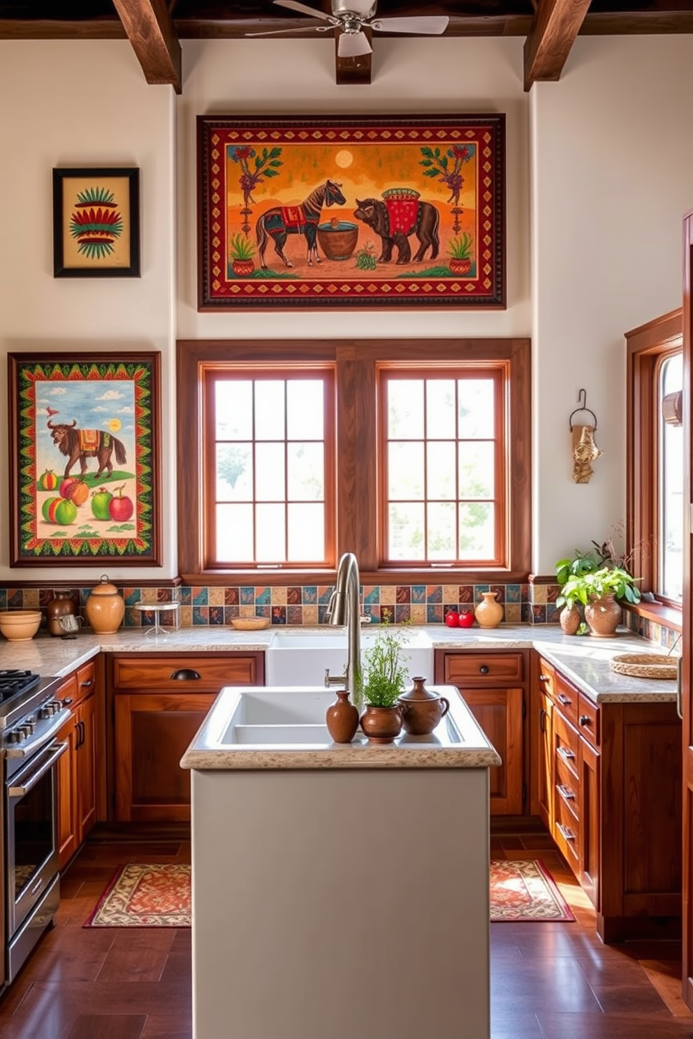 Framed southwestern art pieces hang prominently on the walls, showcasing vibrant colors and traditional patterns. The kitchen features rustic wooden cabinets, a large farmhouse sink, and a colorful tile backsplash that complements the artwork. A spacious island in the center is adorned with decorative pottery and fresh herbs. Natural light streams in through large windows, illuminating the warm tones of the cabinetry and enhancing the inviting atmosphere.