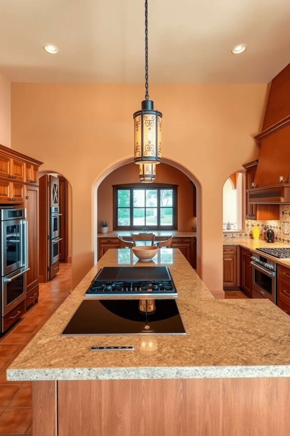 A Southwestern kitchen featuring integrated appliances that blend seamlessly into the cabinetry. The warm earth tones of the walls complement the rustic wooden accents and terracotta tiles on the floor. The kitchen island showcases a large, integrated cooktop with decorative pendant lights hanging above. Adobe-style arches frame the entryways, while vibrant ceramic tiles add a pop of color to the backsplash.