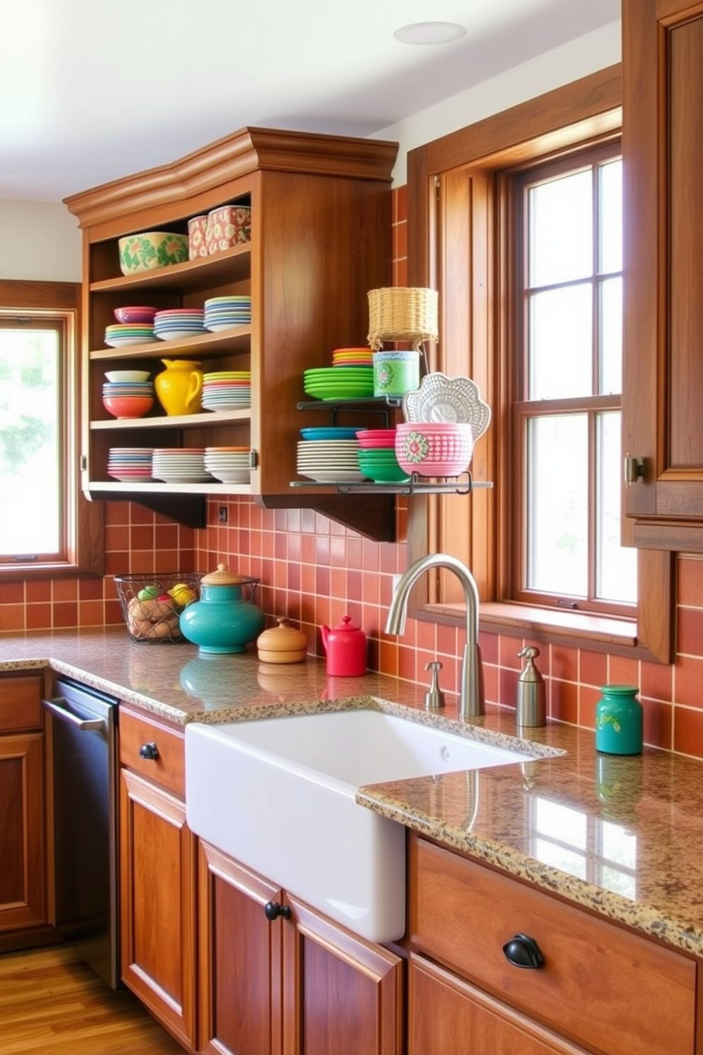 Brightly colored dishware is elegantly arranged on open shelves, showcasing a vibrant mix of patterns and hues. The kitchen features rustic wooden cabinets and a terracotta tile backsplash, creating a warm and inviting atmosphere. A large farmhouse sink is positioned under a window, allowing natural light to illuminate the cheerful dishware. The countertops are made of polished granite, complementing the colorful dishes and enhancing the Southwestern aesthetic.