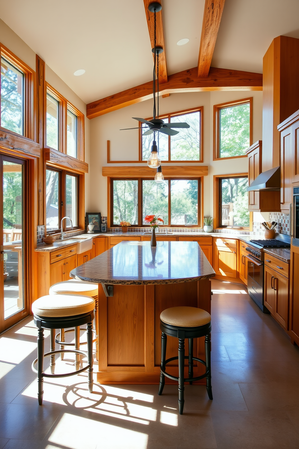 A bright and airy kitchen infused with natural light streaming through large, floor-to-ceiling windows. The space features warm wooden cabinetry paired with vibrant tile backsplashes, showcasing a blend of rustic charm and contemporary design. A large central island offers ample workspace and is topped with a beautiful granite surface. Surrounding the island are comfortable bar stools, inviting family and friends to gather in this welcoming Southwestern kitchen.