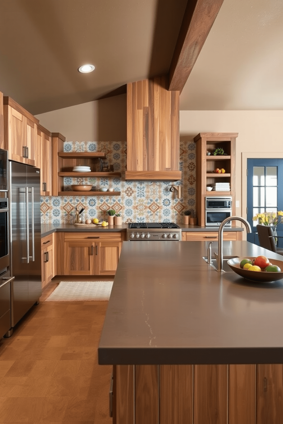 A Southwestern kitchen design that blends modern elements with rustic charm. The space features sleek stainless steel appliances contrasted by reclaimed wood cabinetry and open shelving. A large kitchen island with a polished concrete countertop serves as the focal point. Colorful ceramic tiles adorn the backsplash, adding a vibrant touch to the warm earth-toned walls.