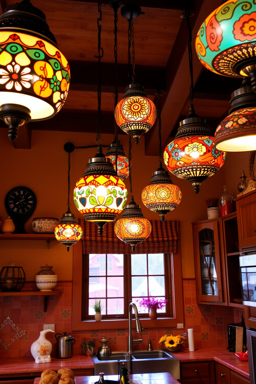 A vibrant kitchen filled with unique light fixtures showcasing southwestern motifs. The space features warm earth tones, with terracotta tiles and rustic wooden cabinetry that complement the intricate designs of the lighting.