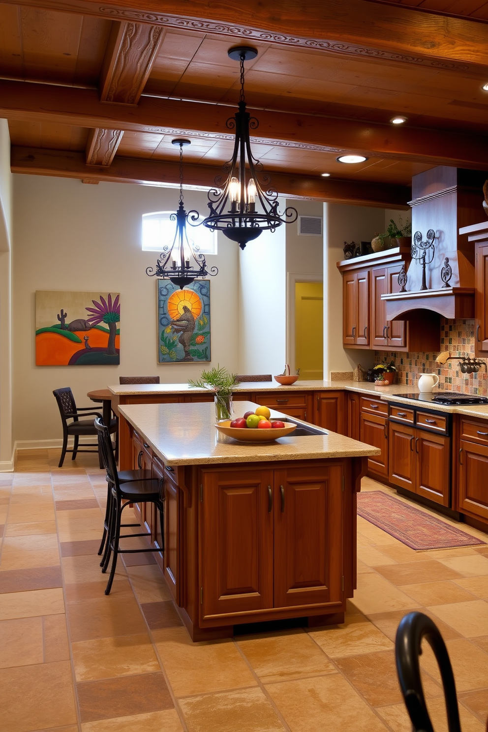 A Southwestern kitchen design featuring decorative wrought iron accents. The space includes an open layout with rustic wooden cabinets and a large island topped with a vibrant tile backsplash. Wrought iron light fixtures hang above the island, casting a warm glow across the room. The walls are adorned with colorful artwork that reflects the rich culture of the Southwest.