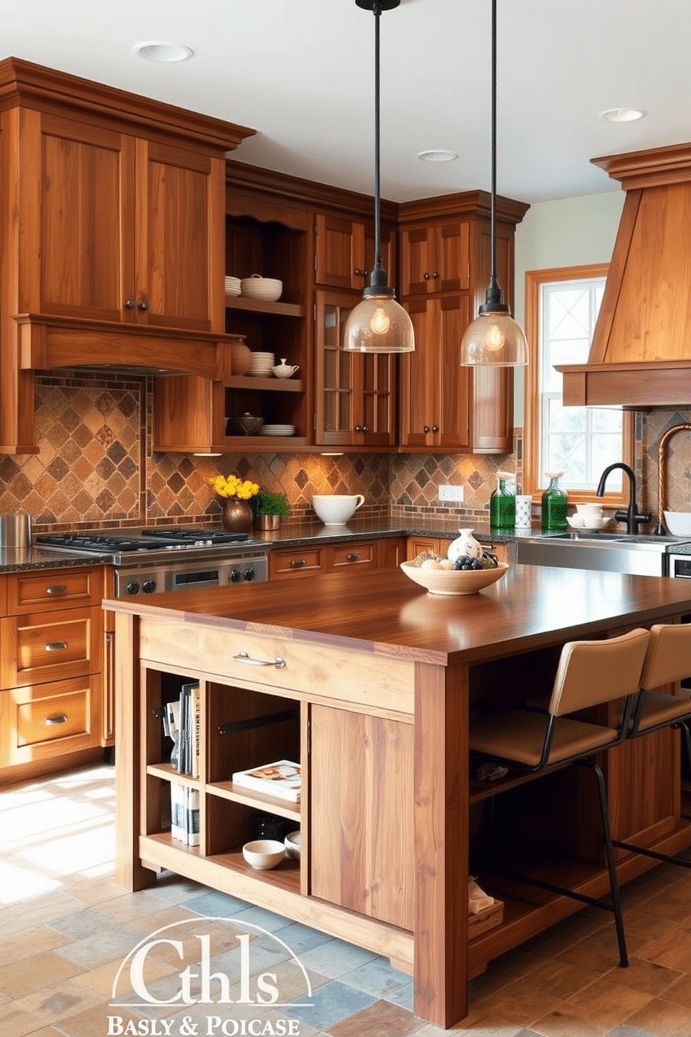 A functional kitchen island featuring ample storage solutions and a warm wooden finish. The island is complemented by sleek bar stools and surrounded by rustic cabinetry with Southwestern-inspired tile accents.