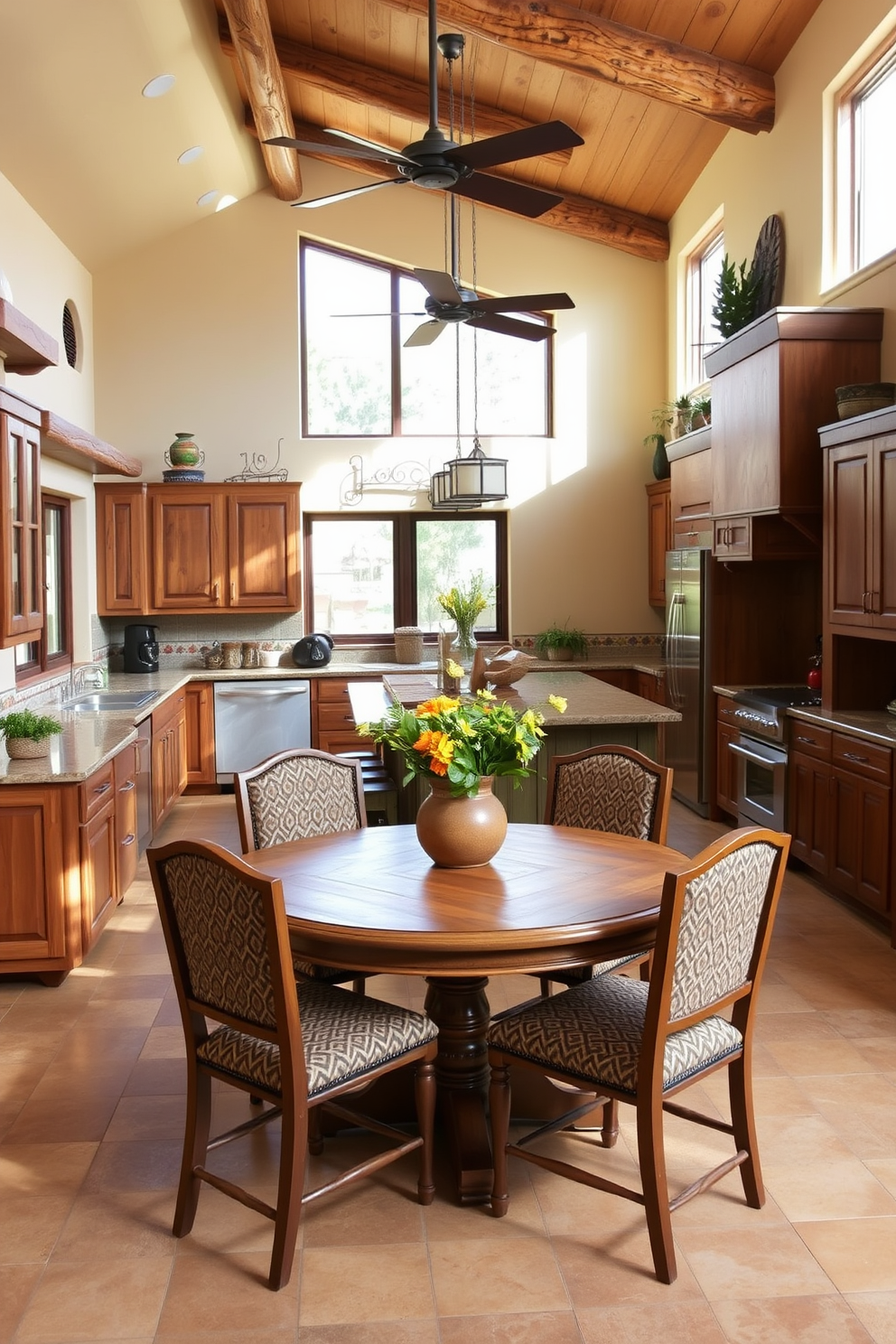 A warm and inviting Southwestern kitchen features an open layout that encourages family interaction. The space is adorned with rustic wooden cabinets, a large island with bar seating, and colorful tile accents that reflect the vibrant culture of the Southwest. Natural light floods the room through large windows, highlighting the earthy tones of the decor. A cozy dining nook with a round wooden table and patterned chairs invites family gatherings and casual meals.