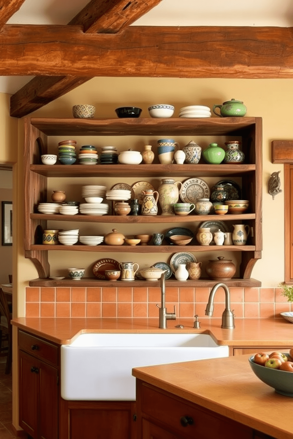 Open shelving made of reclaimed wood is mounted on rustic wooden beams, showcasing an array of colorful ceramic dishes and handmade pottery. The kitchen features warm earth tones with terracotta tiles and a large farmhouse sink, creating a welcoming Southwestern atmosphere.