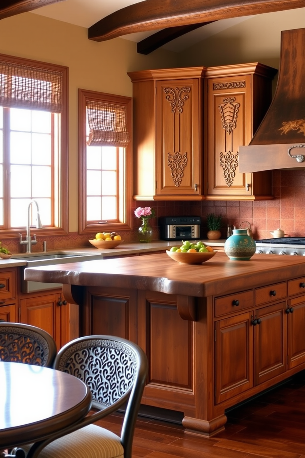 A warm and inviting Southwestern kitchen features custom cabinetry with intricate carvings showcasing traditional motifs. The cabinetry is painted in earthy tones, complemented by a rustic wooden island that serves as the focal point of the space. Natural light floods the room through large windows adorned with woven shades. A vibrant tile backsplash in rich reds and oranges adds a pop of color, enhancing the overall warmth of the kitchen.