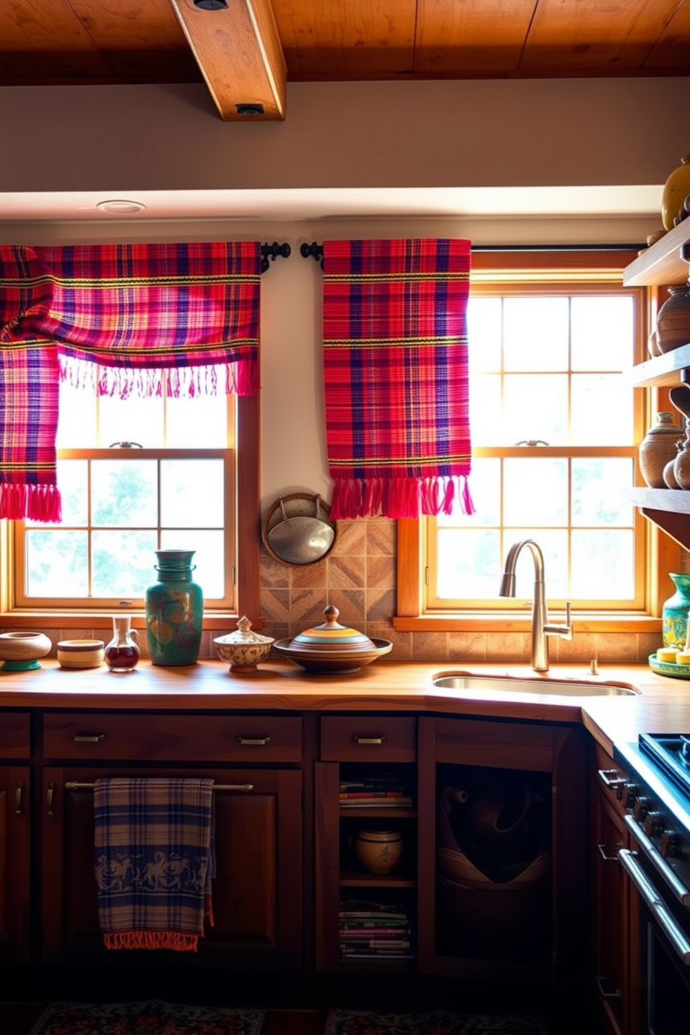 A vibrant kitchen featuring colorful woven textiles as window treatments. The textiles incorporate bold patterns and hues that reflect the Southwestern aesthetic, complementing the warm earth tones of the cabinetry and countertops. Natural light filters through the windows, enhancing the rich colors of the decor. Rustic wooden shelves display handmade pottery and spices, adding to the inviting atmosphere of the space.