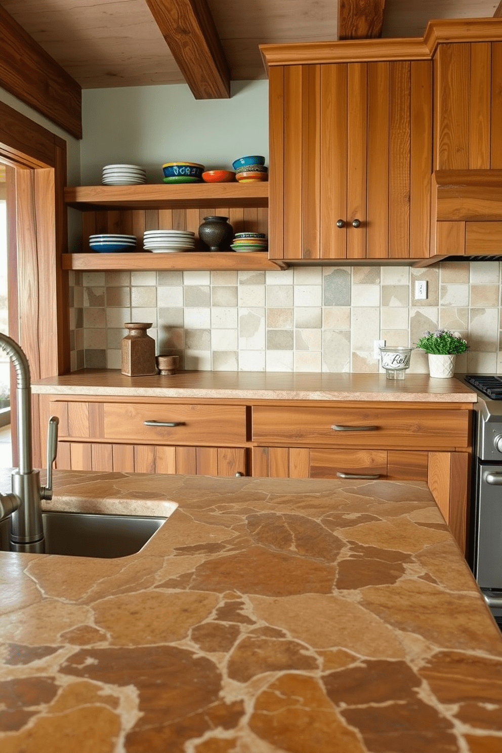 A Southwestern kitchen featuring natural stone countertops with unique textures that showcase earthy tones and intricate patterns. The cabinetry is crafted from reclaimed wood, complemented by rustic hardware and open shelving displaying colorful ceramic dishes.