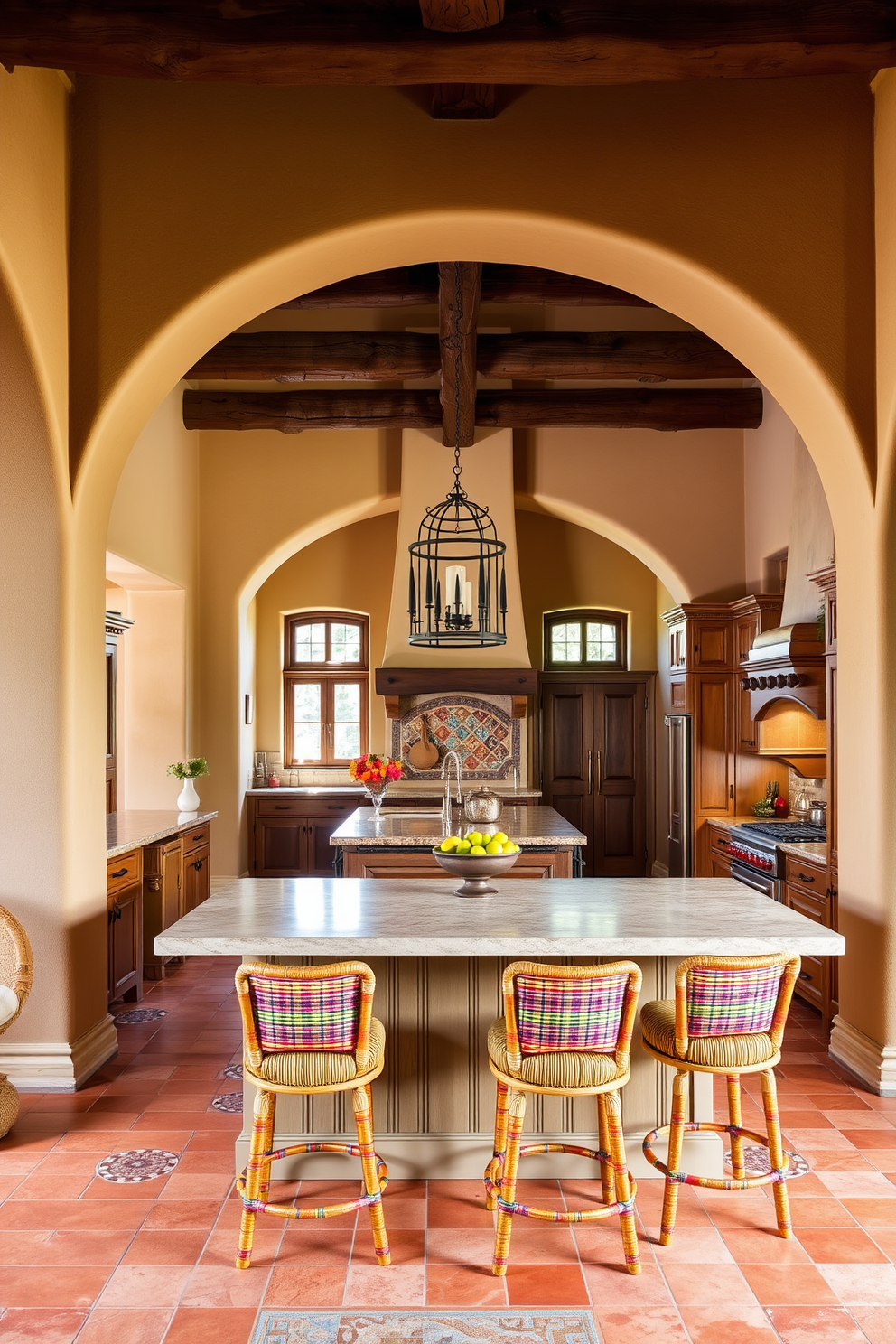 A Southwestern kitchen featuring adobe-style archways creates a warm and inviting atmosphere. The archways frame the space, leading to rustic wooden beams and terracotta tile flooring. The kitchen showcases handcrafted cabinetry with intricate details and vibrant tile backsplashes. A large island with a natural stone countertop serves as the centerpiece, surrounded by colorful woven bar stools.