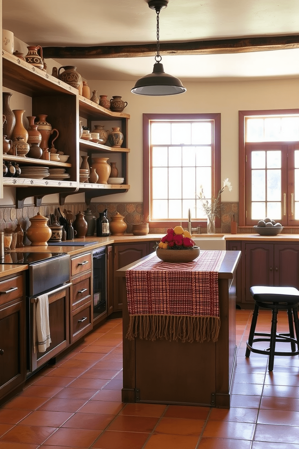 A warm and inviting southwestern kitchen features vintage pottery displayed prominently on open shelves. The earthy tones of the pottery complement the rustic wooden cabinets and terracotta tile flooring, creating a cohesive and charming aesthetic. The kitchen island is adorned with a colorful woven runner that adds texture and warmth to the space. Natural light floods in through large windows, highlighting the intricate patterns of the pottery and enhancing the overall southwestern vibe.