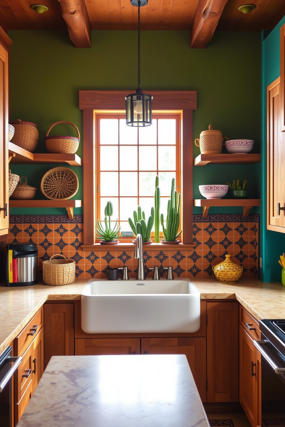 Brightly colored accent walls create a vibrant atmosphere in a Southwestern kitchen. The walls are adorned with rich hues like terracotta and turquoise, complementing rustic wooden cabinets and open shelving. Hand-painted tiles add a unique touch to the backsplash, showcasing traditional Southwestern patterns. A large farmhouse sink sits beneath a window, framed by woven baskets and potted succulents for a warm, inviting feel.