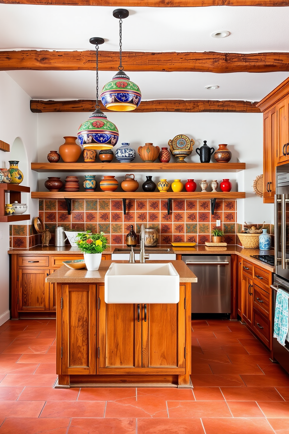 A vibrant Southwestern kitchen featuring rustic wooden cabinets and a large farmhouse sink. Above the island, colorful Mexican-inspired pendant lighting fixtures hang, casting a warm glow over the space. The walls are adorned with hand-painted tiles in earthy tones, complementing the terracotta flooring. Open shelving displays traditional pottery and vibrant textiles, adding character and charm to the kitchen design.