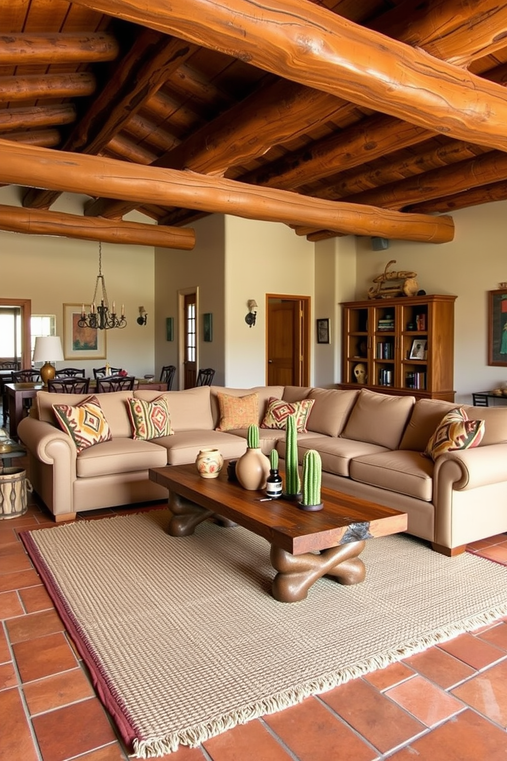 A cozy Southwestern living room features rustic wooden beams across the ceiling, adding warmth and character to the space. Earthy tones dominate the color palette, with terracotta tiles underfoot and a large woven rug anchoring the seating area. A plush sectional sofa in a muted beige is adorned with colorful throw pillows showcasing traditional Southwestern patterns. A wooden coffee table, crafted from reclaimed wood, sits at the center, surrounded by handcrafted pottery and a few potted cacti for a touch of greenery.